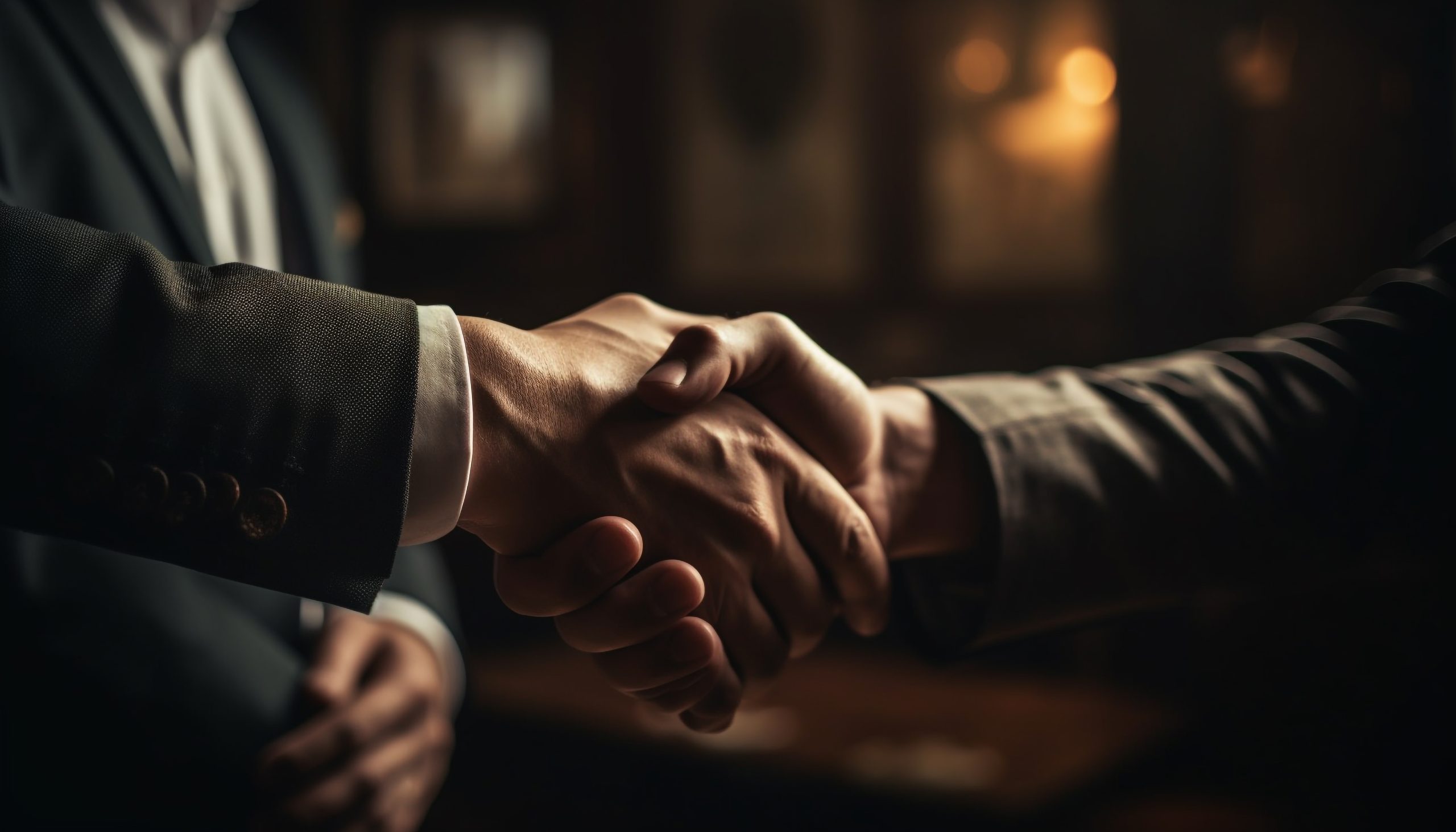 Businessmen in suits seal agreement with handshake generated by artificial intelligence